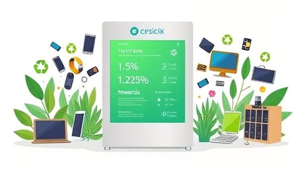 An eco-friendly kiosk design with a sleek interface displaying recycling stats and rewards, surrounded by depictions of various electronic devices being recycled, conveying a modern and sustainable tech recycling solution.