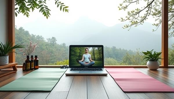 An immersive and tranquil virtual wellness retreat setting featuring a serene nature backdrop, virtual yoga mats, calming essential oils, and a laptop streaming a live meditation session, inviting participants to unwind and recharge in a peaceful online sanctuary.