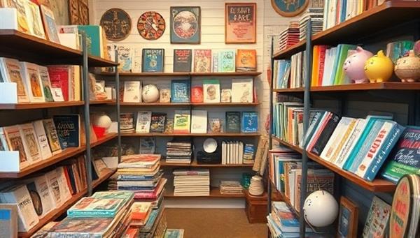 A cozy thrift shop interior filled with shelves of financial books, budgeting tools, vintage piggy banks, and quirky financial-themed decor, inviting customers to explore and discover affordable treasures for their financial journey. The setting exudes a sense of nostalgia, practicality, and financial empowerment in a thrift shop environment.