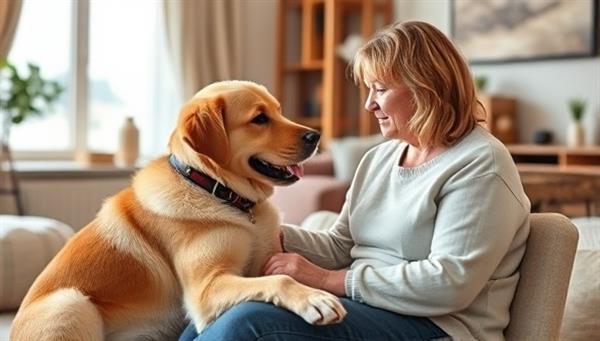 A heartwarming image of a therapy dog interacting with a client during a virtual session, showcasing the comforting presence of the dog and the emotional connection between the two, set in a cozy virtual room with soothing visuals.