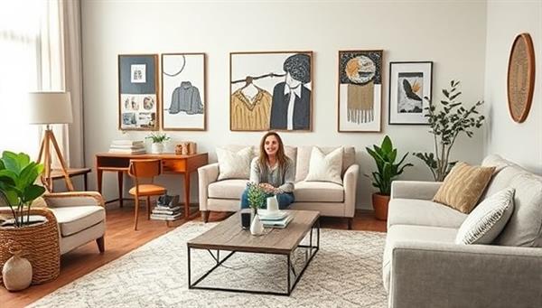 An inviting living room setting with a virtual interior designer hosting a video call consultation, surrounded by mood boards, fabric swatches, and decor samples, projecting a sense of creativity and personalized design expertise in transforming home spaces.