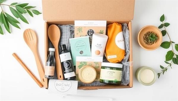 An aesthetically pleasing flat lay of a monthly eco-friendly home goods subscription box filled with bamboo kitchen utensils, reusable silicone food wraps, organic cleaning products, and a plant-based candle, promoting a sustainable and conscious living aesthetic.