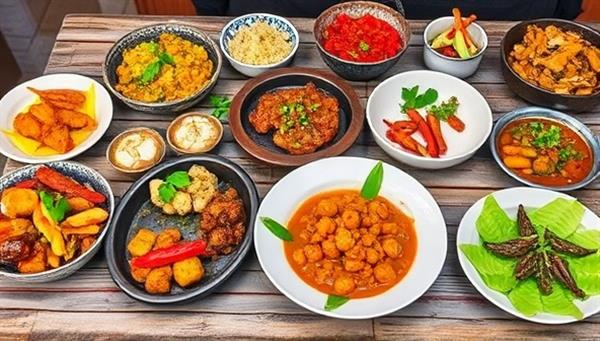 An enticing food spread featuring a variety of local dishes beautifully arranged on a rustic wooden table, garnished with fresh herbs and colorful ingredients, inviting viewers to explore the culinary delights of the region.