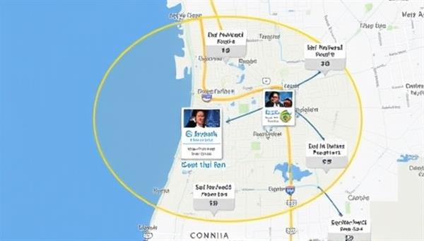 A map illustration displaying virtual geofencing boundaries around various businesses and event locations, with targeted ads appearing in these designated zones, highlighting the localized and personalized approach of GeoTargetAds
