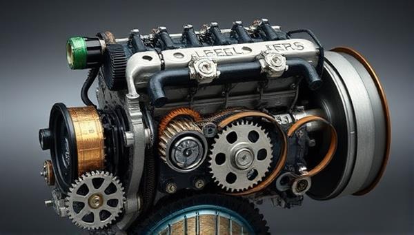 An artistic representation of a car engine made from recycled auto parts, with gears, pistons, and belts crafted from repurposed materials, symbolizing sustainability and innovation in car maintenance.