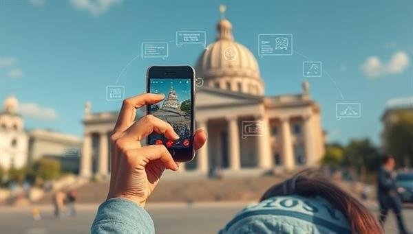 An engaging visual representation of a traveler using the AR app on a smartphone, with digital overlays providing historical facts and interactive elements at a famous landmark, illustrating the app
