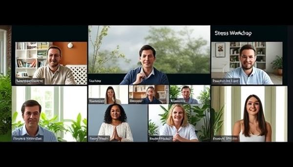 An online workshop scene featuring a diverse group of participants engaged in a stress management session led by an expert, with visuals of relaxation techniques, breathing exercises, and calming nature sounds, creating a serene and educational environment for stress relief.