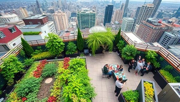 An aerial view of a lush and vibrant rooftop garden oasis with diverse plant varieties, seating areas, and a community event in progress, capturing the essence of urban green living and social connection in a bustling cityscape.