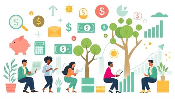 An educational and empowering image featuring financial literacy icons such as piggy banks, calculators, money trees, and investment graphs, with diverse individuals engaged in financial discussions and learning activities, symbolizing the essence of online financial literacy training for personal empowerment and financial well-being.