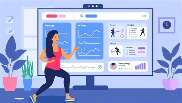 An engaging digital illustration showing a virtual fitness trainer guiding a client through an exercise routine via a video call, with interactive workout plans and fitness tracking tools displayed on a screen in the background.