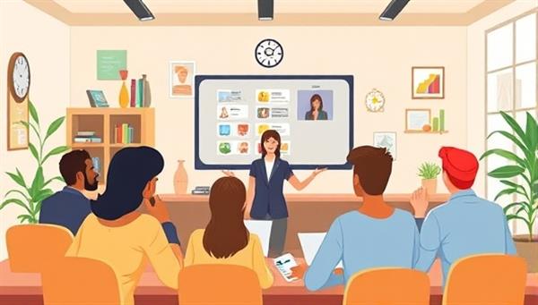 An illustration of a virtual classroom with diverse students and a dynamic tutor engaging in a lively language learning session, showcasing the interactive and engaging nature of the platform.