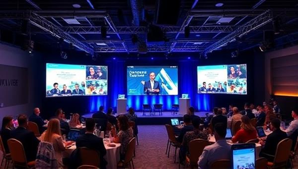 An immersive virtual event setup with multiple screens displaying engaging content, interactive features, and a diverse audience participating in a virtual conference or webinar, highlighting the dynamic and interactive nature of virtual events orchestrated by VirtualVibe Events.