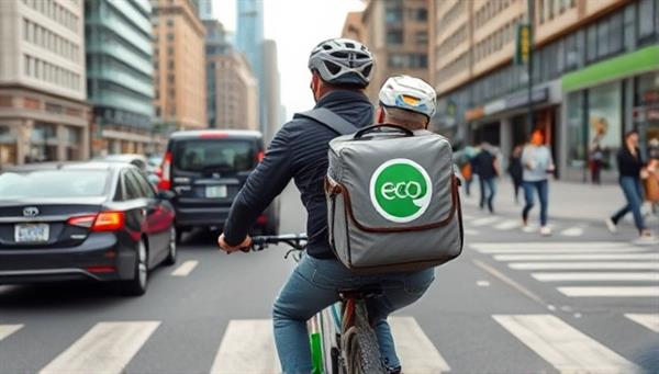 An urban scene showcasing a delivery cyclist with a branded backpack full of orders, navigating through city streets with ease and agility, passing by traffic jams and pedestrians, symbolizing the speed and eco-friendliness of EcoWheel Deliveries.