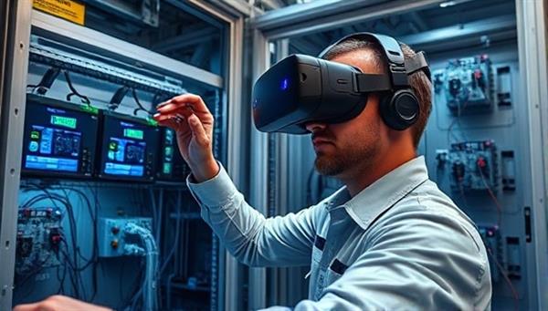 An immersive VR environment depicting a technician wearing a VR headset while performing equipment maintenance tasks on virtual telecom infrastructure, demonstrating the realistic and interactive training experience provided by VRCom Skills platform.