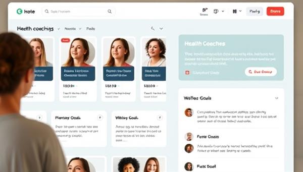 An interactive platform interface showing a user browsing through profiles of health coaches, with testimonials, session offerings, and wellness goals prominently displayed, creating a sense of empowerment and choice for users seeking personalized health guidance.