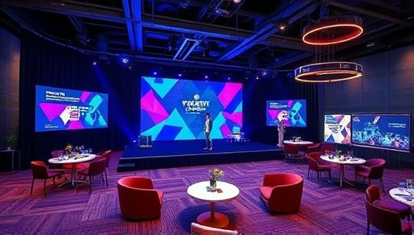 An engaging visual of a virtual event setup featuring a virtual stage with interactive elements, networking lounges, and branded event materials, illustrating the dynamic and immersive experience facilitated by EventSphere