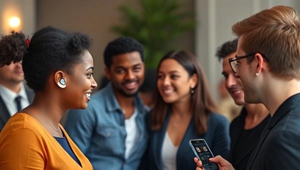 A diverse group of individuals wearing TransLingual Ear earpieces, engaged in a lively conversation with instant translations displayed on small screens, highlighting the seamless and effective communication facilitated by the innovative device.