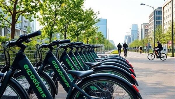 An urban bike-sharing station with a row of sleek electric bikes, surrounded by greenery and cyclists enjoying a scenic ride through the city, highlighting the eco-friendly and active lifestyle promoted by EcoCycle Connect.