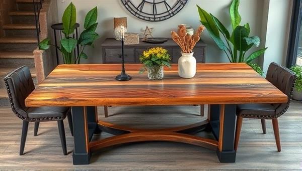 An artistic photograph of a beautifully crafted dining table made from reclaimed wood and metal, surrounded by rustic decor elements and green plants, illustrating the rustic yet elegant aesthetic of salvaged material furniture.