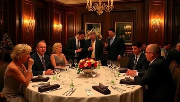 A beautifully set dining table in an elegant venue, with guests dressed in formal attire, interacting with performers in character during a mystery dinner theater event, creating an atmosphere of intrigue and sophistication.