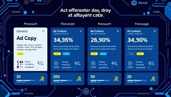 An illustration of a futuristic AI interface displaying different ad copy options with real-time performance metrics, showcasing the efficiency and accuracy of CopyGenius AI in generating compelling marketing content.