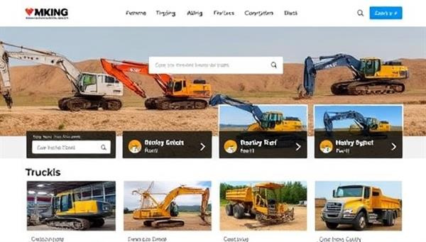 An interactive website interface displaying a variety of mining equipment available for rent, including excavators, drills, and trucks, with user-friendly search filters and detailed equipment descriptions.