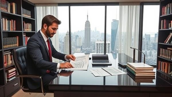 An elegant office setup with a tax advisor reviewing documents with a client, pointing to tax forms and charts on a sleek desk, surrounded by shelves of tax law books and a city skyline view in the background, symbolizing sophistication and expertise in tax advisory services.
