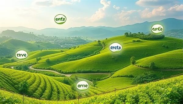 An eye-catching digital artwork featuring a lush green landscape with eco-friendly product logos floating in the air, conveying a harmonious blend of nature and sustainable branding in advertising.