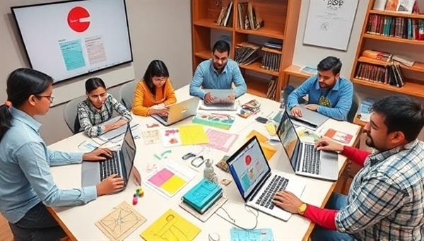 An online workshop setting with a diverse group of participants engaging in a design activity on their laptops, with colorful design mockups and sketches scattered around, showcasing a collaborative and dynamic learning environment.