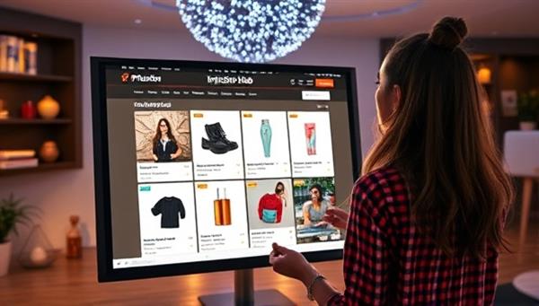 A captivating scene showcasing an influencer presenting a curated collection of products on the InfluShop Hub platform, with interactive shopping features, user reviews, and seamless e-commerce integration, illustrating the personalized and engaging shopping experience offered to users through influencer-driven recommendations.