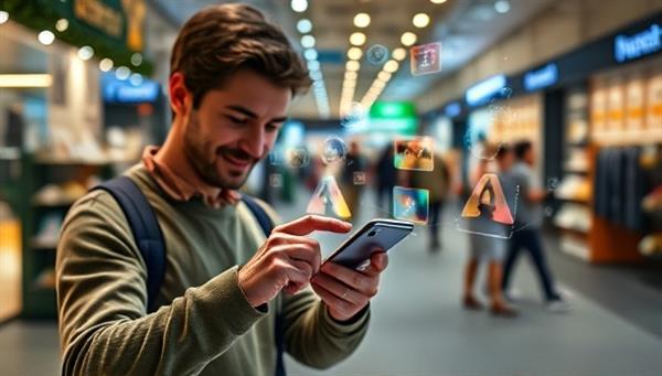 An engaging scene showing a person interacting with a mobile device, where virtual products are seamlessly integrated into their surroundings through augmented reality, highlighting the seamless blend of real and virtual elements.