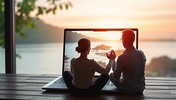 An inspiring visual of a virtual mental health coaching session, featuring a coach guiding a client through relaxation exercises on a laptop screen, with peaceful nature imagery in the background, conveying the serenity and support offered by the platform.