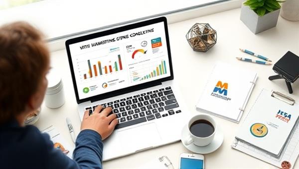 A virtual marketing strategy consulting session depicted with a laptop showcasing digital analytics, marketing plans, and campaign visuals, surrounded by branding materials and a cup of coffee, symbolizing creativity and strategic thinking in online marketing consulting.
