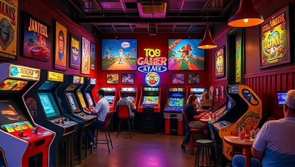 A cozy and inviting retro gaming lounge with colorful arcade cabinets, retro gaming posters on the walls, vintage gaming consoles on display, and customers enjoying multiplayer games and snacks in a vibrant setting reminiscent of the past.