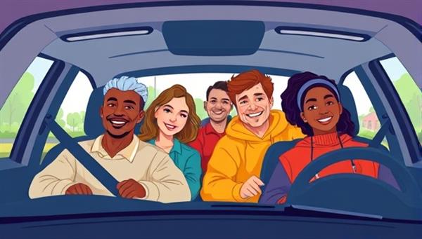 A vibrant digital illustration of diverse individuals happily carpooling together, showcasing a sense of community, sustainability, and shared transportation benefits.