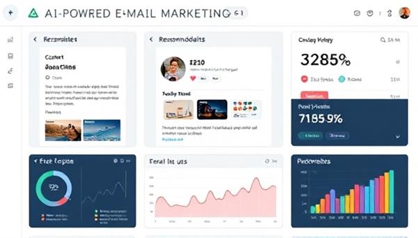 An AI-powered email marketing dashboard displaying personalized email templates, dynamic content recommendations, and real-time performance metrics, illustrating the platform