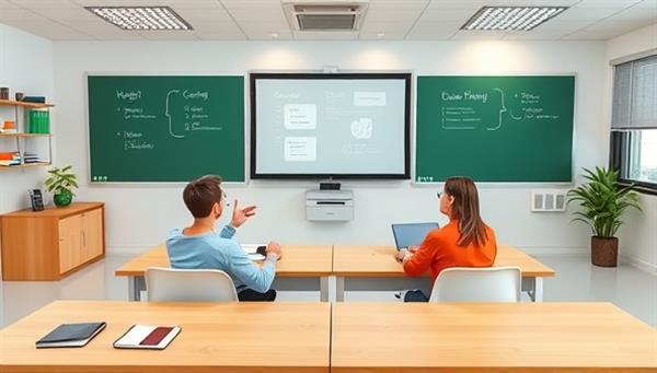 An engaging virtual classroom environment with avatars representing users exchanging skills, accompanied by interactive tools and resources for seamless learning and teaching experiences.