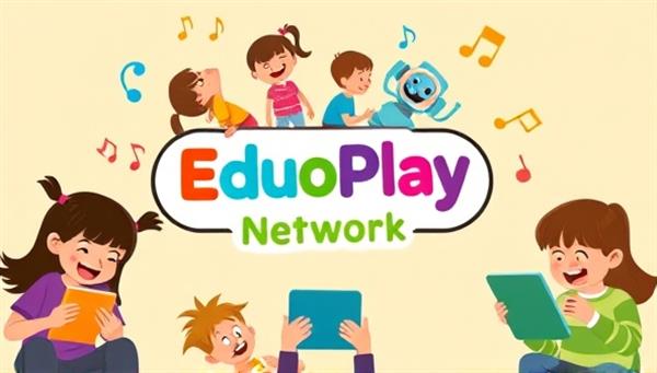 A colorful and engaging podcast network logo with playful characters and sound waves, surrounded by children listening to EduPodPlay shows on various devices, displaying the fun and educational appeal of the audio content network.