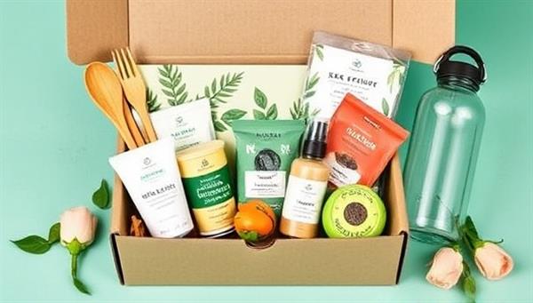 An eye-catching image of a beautifully designed eco-friendly subscription box filled with sustainable products like bamboo utensils, organic skincare samples, plant-based snacks, and a reusable water bottle, promoting a green and conscious lifestyle.