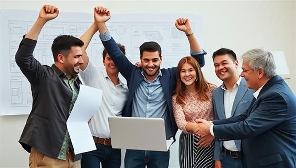 An entrepreneur celebrating with a team after winning a government contract, surrounded by blueprints, a laptop displaying ContractScope alerts, and a handshake with a government official, capturing the moment of success and collaboration in securing contracts.