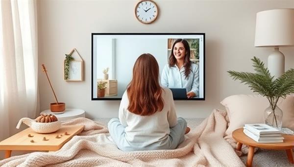 A calming virtual therapy session scene with a therapist providing support and guidance to a client through a video call, surrounded by cozy blankets, soothing colors, and mindfulness tools, creating a safe and confidential space for emotional healing and mental well-being.