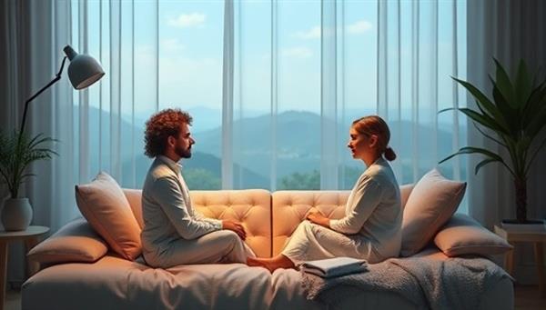 An empathetic and supportive image featuring a virtual counseling session with a counselor and a client engaging in a therapeutic conversation, surrounded by calming elements such as soft lighting, cozy pillows, and a virtual landscape, conveying a sense of emotional support and healing in online mental wellness counseling.