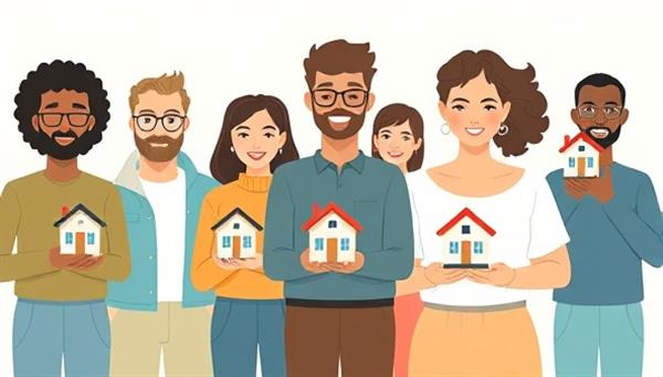 An illustration of diverse individuals holding tiny houses in their hands, symbolizing the concept of fractional ownership and micro-investments in real estate properties.