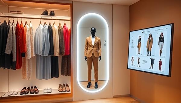 An artistic rendering of a virtual closet filled with digital clothing options, a futuristic mirror reflecting personalized outfit suggestions on the user, and AI-powered style recommendations displayed on a sleek screen, blending technology with fashion seamlessly.