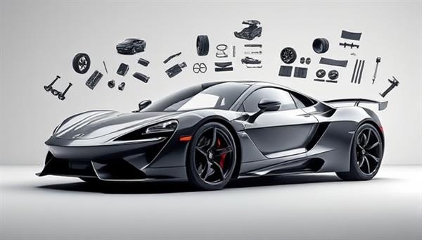 An artistic rendering of a sleek sports car with customizable parts floating around it, highlighting the platform