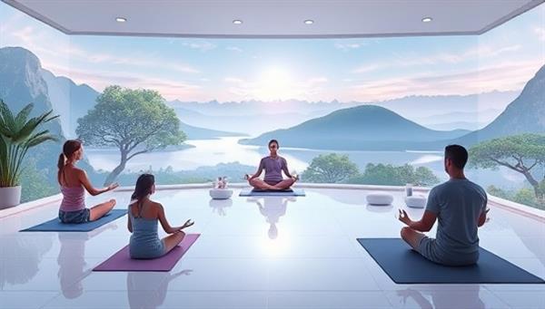 A serene visual depiction of a virtual wellness retreat setting with participants engaging in yoga poses, meditation exercises, and relaxation techniques amidst a tranquil digital landscape, featuring calming nature sounds and serene visuals to promote inner peace and well-being in a virtual sanctuary of self-care.