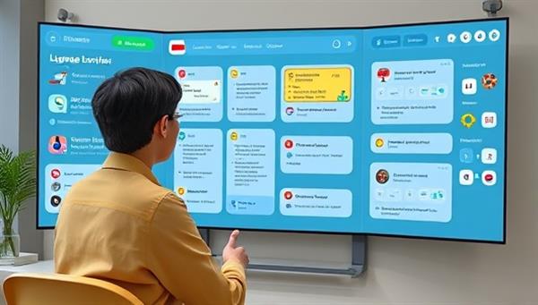 An AI-powered virtual tutor interacting with a student on a language lesson, displaying a dynamic language learning interface with interactive exercises, progress trackers, and cultural insights, fostering an immersive and engaging learning experience.