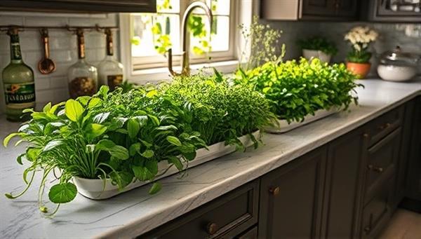 An elegant kitchen counter transformed into a mini garden of flourishing microgreens in various hues and textures, with the sun streaming in through a nearby window, illuminating the vibrant greens and creating a visual feast for the eyes, signaling health and freshness.