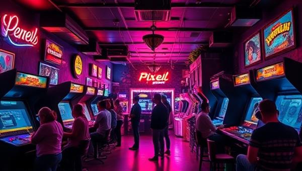An atmospheric shot of the retro arcade bar interior, featuring neon lights, vintage arcade cabinets, and futuristic VR booths, with customers enjoying both classic and modern gaming experiences, capturing the eclectic and vibrant ambiance of PixelPulse RetroVR.