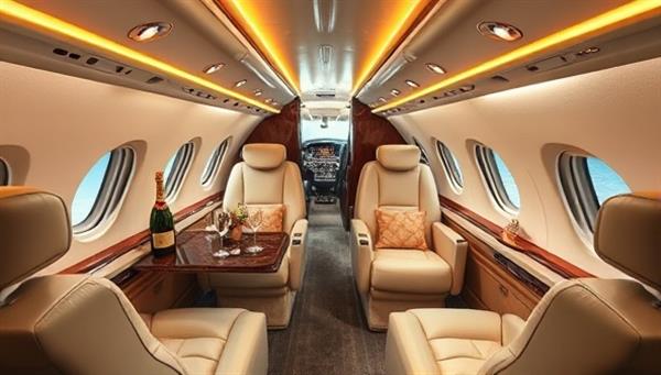 An opulent private jet interior with champagne service, plush seating, and panoramic views, showcasing the luxurious and tailored travel experience provided by the travel concierge service to high-end clients and luxury travelers.